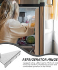 Woman opening fridge with Refrigerator Door Hinge Set 2 Pack Metal With Noise Reducing Caps for smooth freezer door operation.
