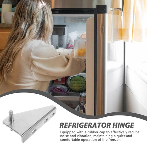 Woman opening fridge with Refrigerator Door Hinge Set 2 Pack Metal With Noise Reducing Caps for smooth freezer door operation.