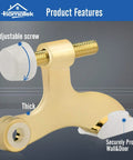 Solid Six Pack Brass Hinge Pin Door Stops With Soft Rubber Bumpers showing adjustable screw and thick base for wall protection.