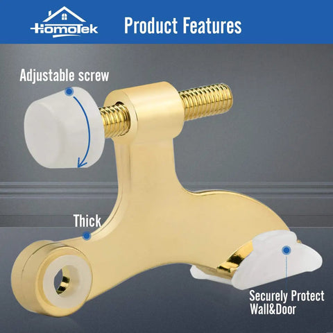 Solid Six Pack Brass Hinge Pin Door Stops With Soft Rubber Bumpers showing adjustable screw and thick base for wall protection.