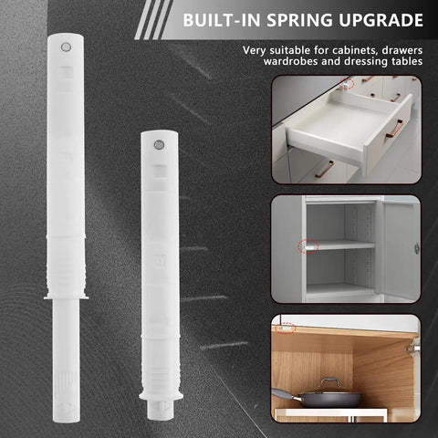 12 Pcs Magnetic Push Latches for Cabinet Doors and Drawers Hidden Touch Latch System, white finish, installed in cabinets and drawers.