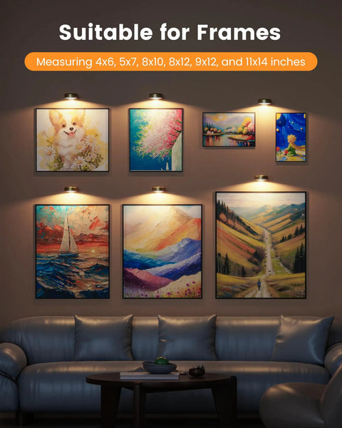 Rechargeable Magnetic LED Puck Lights For Wall, Wireless 2000mAh Battery, Remote Control, 12 RGB Colors And Three Color Temps, Dimming And Timer, Easy Install For Art Frames, Photos And Wall Decor Three Pack illuminating art frames above couch