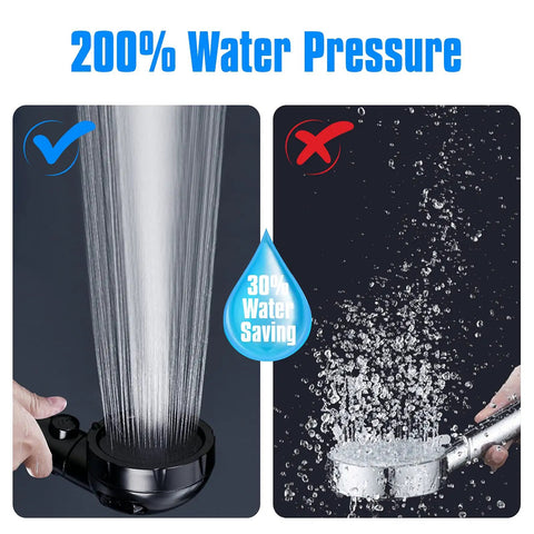 Comparison of high pressure handheld shower head with 3 spray modes and standard shower showing water saving effect