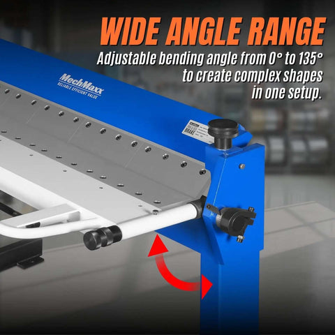 Wide angle range feature of 50 Inch Foot Clamp Pan And Box Brake For Sheet Metal Folding, shows 0-135 degree adjustable bending.