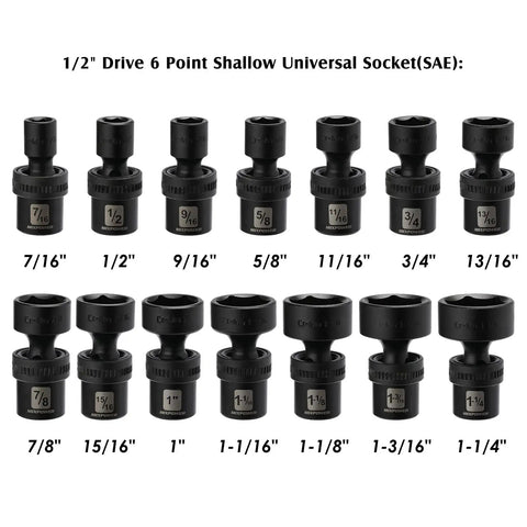 One Half Inch Drive Shallow Impact Universal Joint Swivel Socket Set SAE Seven Sixteenths To One And One Quarter Inch Flexible Wobble Chrome Molybdenum Steel Fourteen Piece Set For Tight Spaces And Easy No Slip Access