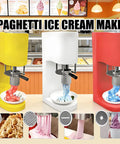 Cool Dessert Machine And Noodle Maker With 4 Stainless Steel Molds, 420Ml Hopper, 28 To 30 Liters Per Hour Capacity, showing yellow, white, and red machines creating spaghetti ice cream.