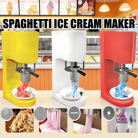 Cool Dessert Machine And Noodle Maker With 4 Stainless Steel Molds, 420Ml Hopper, 28 To 30 Liters Per Hour Capacity, showing yellow, white, and red machines creating spaghetti ice cream.