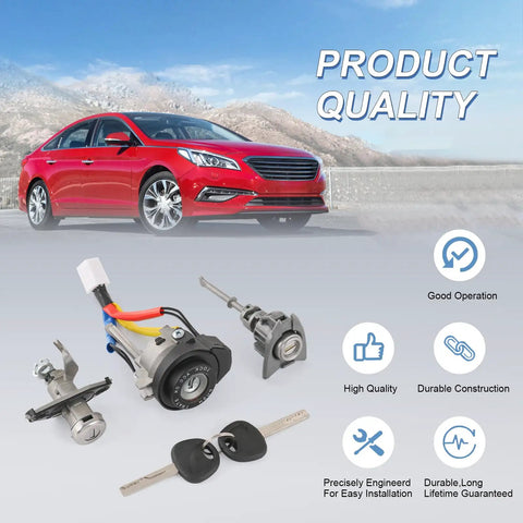 Six Pin Ignition Lock Cylinder Set For Hyundai Sonata 2009-2014 Non Hybrid And 2011-2015 Hybrid Replacement With 81970-3SA00 81250-3SA00 Key Start Barrel product image showing car and components