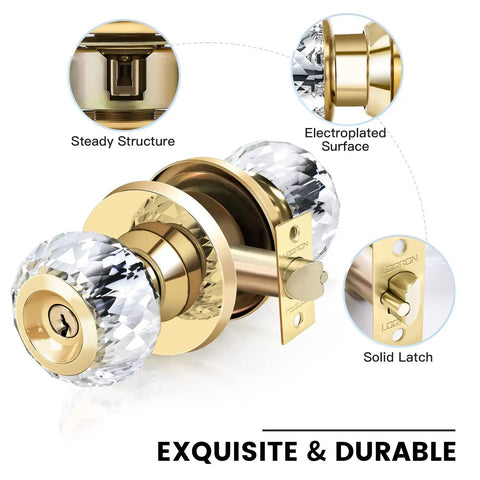 Crystal Glass Door Knob Set With Lock And Keys, 2 Pack Keyed Alike Privacy Door Knobs For Bedroom And Bathroom, gold finish