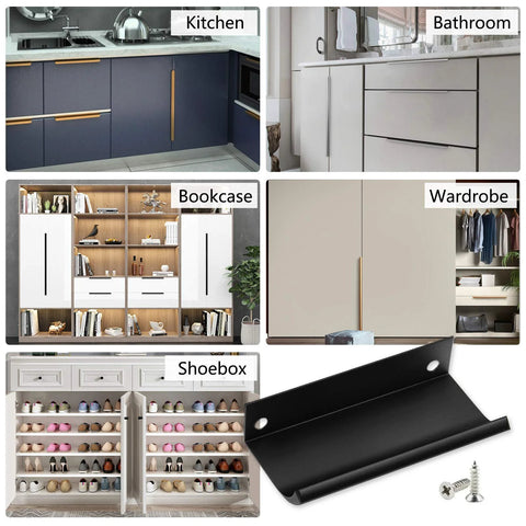 Back Mount Finger Edge Pull 80mm Black Aluminum Alloy Hidden Concealed Tab Handle shown in various furniture setups