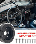 Heavy Duty 10 Piece Steering Wheel Adapter Kit For Quick Bolt Right On 6 To 3 Hole Hub Conversion And One Inch Height Lift With Included Hardware shown with dashboard and interior view.