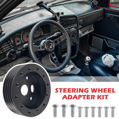 Heavy Duty 10 Piece Steering Wheel Adapter Kit For Quick Bolt Right On 6 To 3 Hole Hub Conversion And One Inch Height Lift With Included Hardware shown with dashboard and interior view.