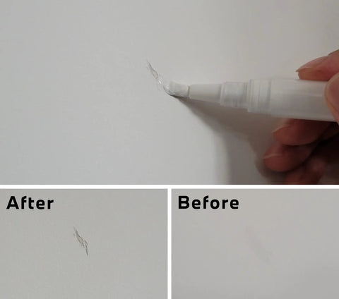 Translucent Touch Up Paint Brush Pen Set Of 3 For Quick Fixes On Walls Wood Floors Cabinets Desks Stains And Scratches including before and after use on wall