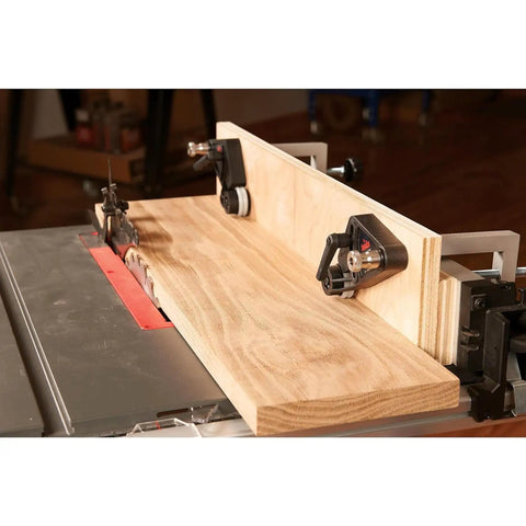Heavy Duty Flex Stock Guides For Table Saws And Router Tables with wood plank using smooth rollers and snap tight knobs.