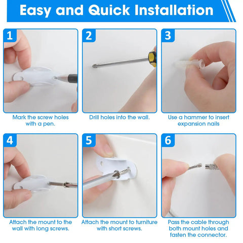 Installation steps for Heavy Duty Anti Tip Furniture Anchors 6 Pack Metal Wall Straps in white for securing furniture.
