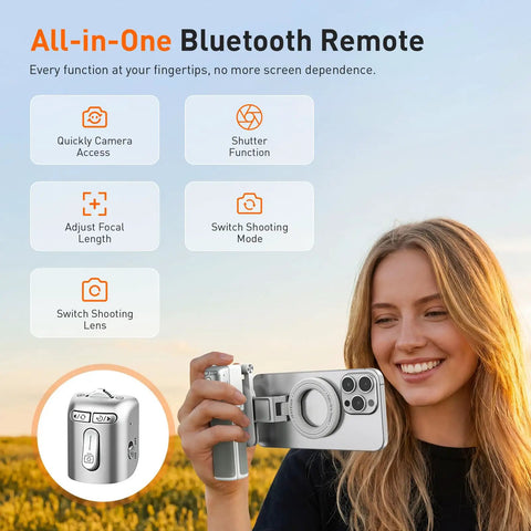 Woman using Phone Camera Grip With Selfie Stick Tripod Magnetic Mount And Detachable Wireless Shutter Button outdoors