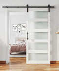 36 Inch By 84 Inch Glass Barn Door Slab In White MDF With Frosted Glass PVC Surface Includes Six Point Six Feet Hardware Kit Door Handle And Floor Guide DIY Friendly And No Fuss Ready To Install installed in modern bedroom interior