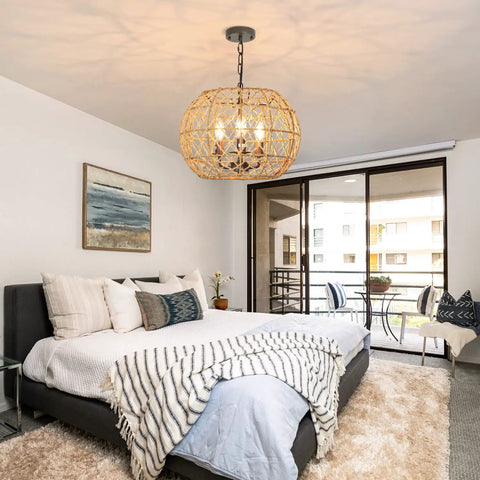 Bedroom with Rustic Woven Pendant Light With Hemp Rope Finish For A Coastal Beachy Vibe 3 Light Metal Basket Fixture