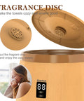 Large Towel Warmer Bucket With LED Display and fragrance disc, woman enjoying cozy towels, fits two oversized towels.