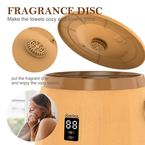Large Towel Warmer Bucket With LED Display and fragrance disc, woman enjoying cozy towels, fits two oversized towels.