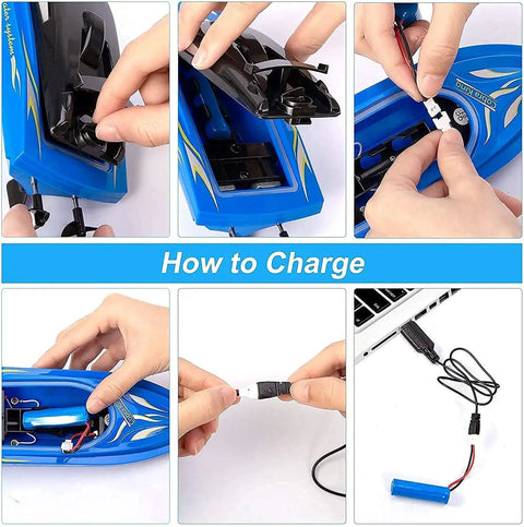 Instructional image showing how to charge 4 Pack Remote Control Boats For Kids And Adults, Totally Fast High Speed 2.4G RC Boat Reaching 10 Km Per Hour.