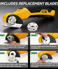 Heavy Duty Cordless Electric Box Cutter With Premium SK5 Blades Powers Through Cardboard Carpet And Fabric No Sweat Features LED Work Light, showing replacement blade installation steps.
