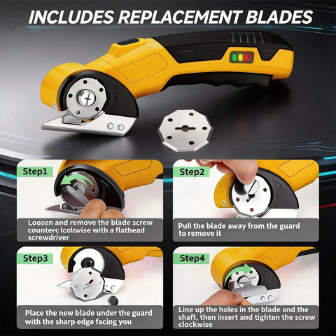Heavy Duty Cordless Electric Box Cutter With Premium SK5 Blades Powers Through Cardboard Carpet And Fabric No Sweat Features LED Work Light, showing replacement blade installation steps.