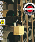 Solid Brass Padlock With Key 2 Pack For Indoor Outdoor Use on wine rack, showcasing corrosion resistant body and secure lock.