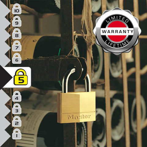 Solid Brass Padlock With Key 2 Pack For Indoor Outdoor Use on wine rack, showcasing corrosion resistant body and secure lock.