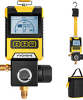 Digital HVAC manifold gauge with backlit LCD screen, yellow casing, pressure valves, and carry bag for R134a R410a R32 R1234yf R454B.