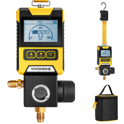 Digital HVAC manifold gauge with backlit LCD screen, yellow casing, pressure valves, and carry bag for R134a R410a R32 R1234yf R454B.