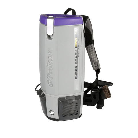 ProTeam Super Coach Pro 10 vacuum cleaner showcasing backpack design and attachments