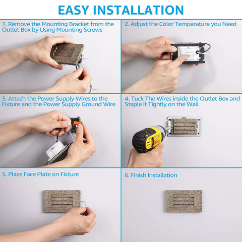 Pebble Grey 120V LED Step Lights Pack Of 6, 5W Dimmable From 5 To 100 Percent installation steps with tools and parts