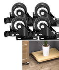 Four Pack Heavy Duty Rubber Swivel Caster Wheels With Double Locking Brakes 360 Degree Rotating Furniture Casters on a wooden cart.