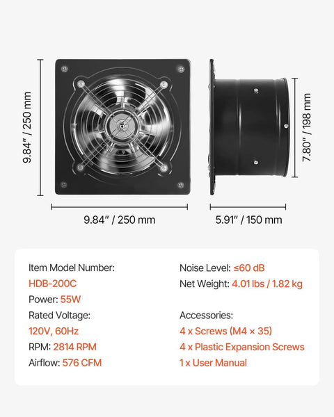 Beefy 8 Inch Exhaust Fan With On Off Control, High Velocity Wall Mount Ventilation Fan Delivers 576 CFM At 55W, side view.