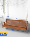 Front view of Built Tough Outdoor Wooden Porch Swing With Adjustable Chains 880 Lb Capacity 5 Ft Brown Garden Bench Seat For Patio Courtyard Weather Ready Backyard Swing, showing dimensions and weight capacity.
