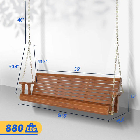 Front view of Built Tough Outdoor Wooden Porch Swing With Adjustable Chains 880 Lb Capacity 5 Ft Brown Garden Bench Seat For Patio Courtyard Weather Ready Backyard Swing, showing dimensions and weight capacity.