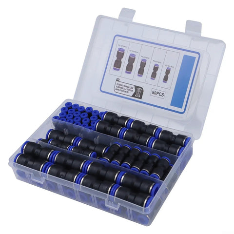 80 Piece Quick Connect Straight Push Fittings Kit For Pneumatic Hose And Air Water Pipe Adapter Assortment In Sizes From 5/32 To 1/2 Inch For PU PA PE PVC Nylon Tubing High Pressure Rating Tool Free Connection in storage case