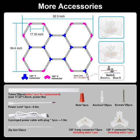 Hexagon LED Shop Lights With Three Level Dimming 25 Pack Beast Brightness Garage Lighting Kit 216W 25920LM accessories diagram