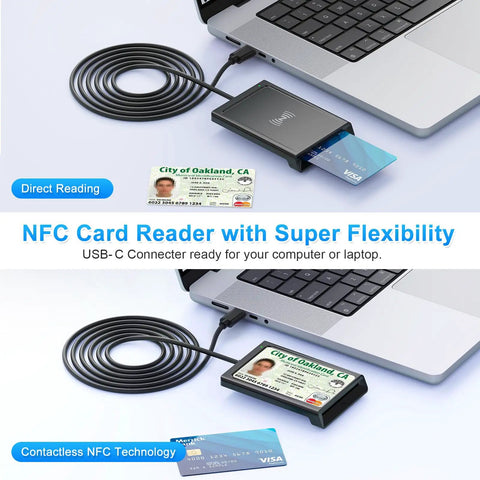 2 In 1 NFC Smart Card Reader With Contact And Contactless CAC Reader For DOD Military IDs And Bank Chip Cards USB C Compatible Across Mac Windows Linux Android shown connected to laptop