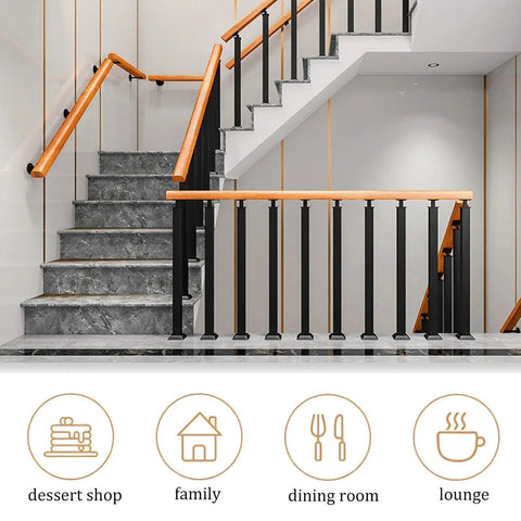 Heavy Duty Adjustable Black Wrought Iron Bracket With 24 Inch Pine Wood Deck Support for outdoor railings in modern stairway.
