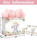 13 Inch Large Baby Shower Gift Bag For Girls With Pink Floral Elephant Design And Durable Handles Includes Tissue Paper Pack And Greeting Card
