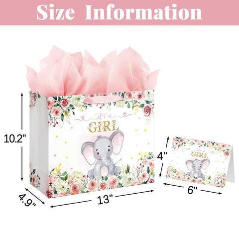 13 Inch Large Baby Shower Gift Bag For Girls With Pink Floral Elephant Design And Durable Handles Includes Tissue Paper Pack And Greeting Card