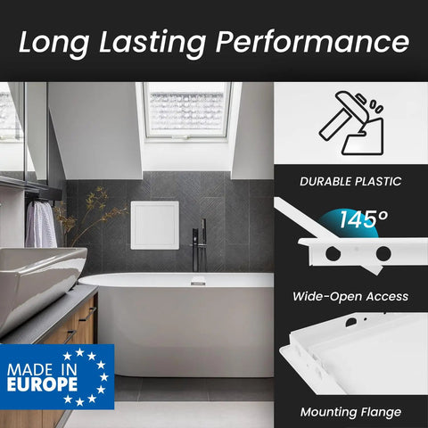 White Abs Plastic Access Panel For Drywall And Ceiling With Hinged Door shown in modern bathroom, durable build for plumbing access.