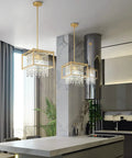 Modern Foyer Chandelier With Black Crystal And Square Metal Frame, Adjustable Height Entryway Light Fixture For Kitchen Island