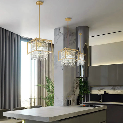 Modern Foyer Chandelier With Black Crystal And Square Metal Frame, Adjustable Height Entryway Light Fixture For Kitchen Island