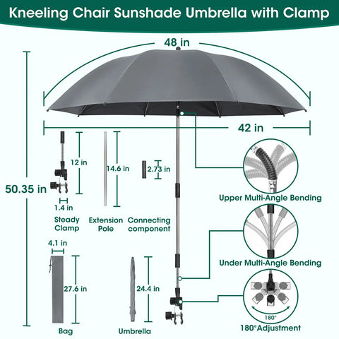 Diagrams of clamp umbrella for Two In One Garden Kneeler With Umbrella And Portable Stool For Easy Yard Work, Includes Tool Bag And Bottle Holder