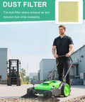 Man using Heavy Duty 43 Inch Walk Behind Floor Sweeper Manual Push Broom For Warehouse And Shop Floors With A Beefy 15 Gallon Hopper.