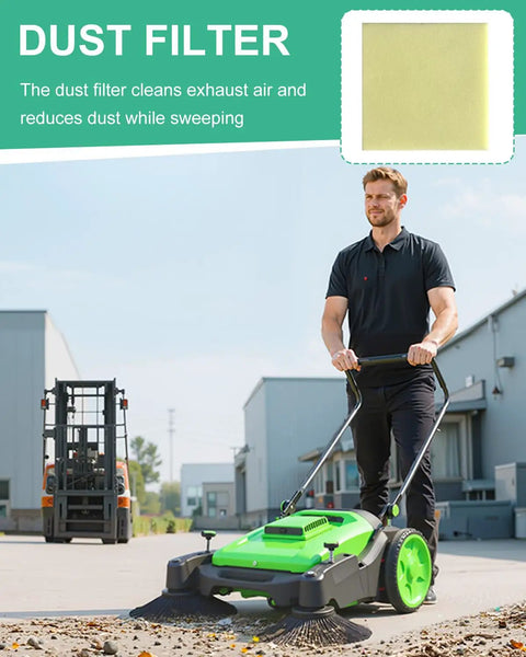 Man using Heavy Duty 43 Inch Walk Behind Floor Sweeper Manual Push Broom For Warehouse And Shop Floors With A Beefy 15 Gallon Hopper.