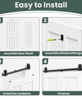 Installation guide for 60 By 84 Inch Bifold Barn Door Kit With H Shape Hardware For Tight Squeezes, showing assembly steps.